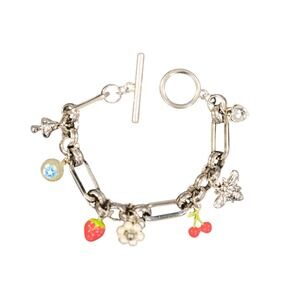 Silver Tone Paperclip Charm Bracelet Mushroom Strawberry Bee Toggle Clasp 6.25"